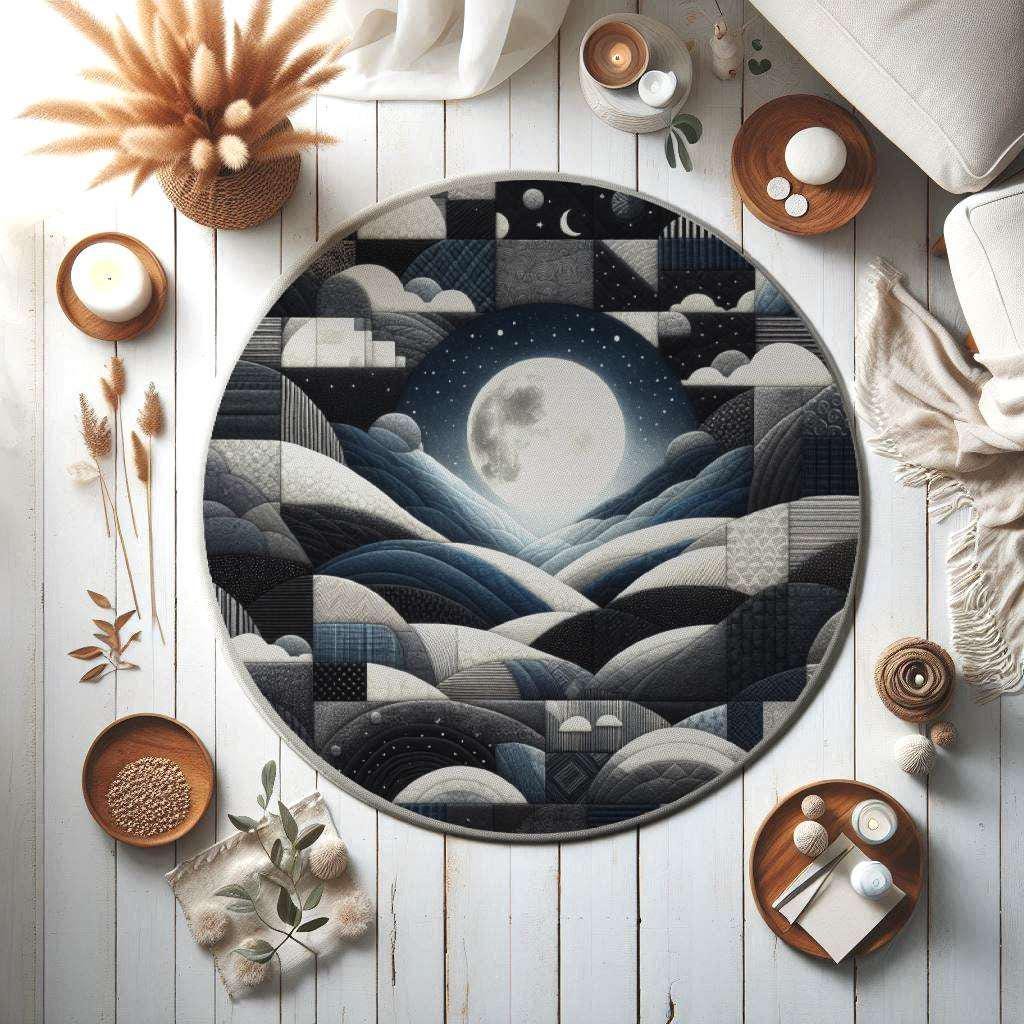 Midnight Sky Design Rug, Abstract Geometric Floor Art Rug, Dark Night Rug, Living Room Rug, Home Decor, Full Moon Rug, Artistic Floor Rug