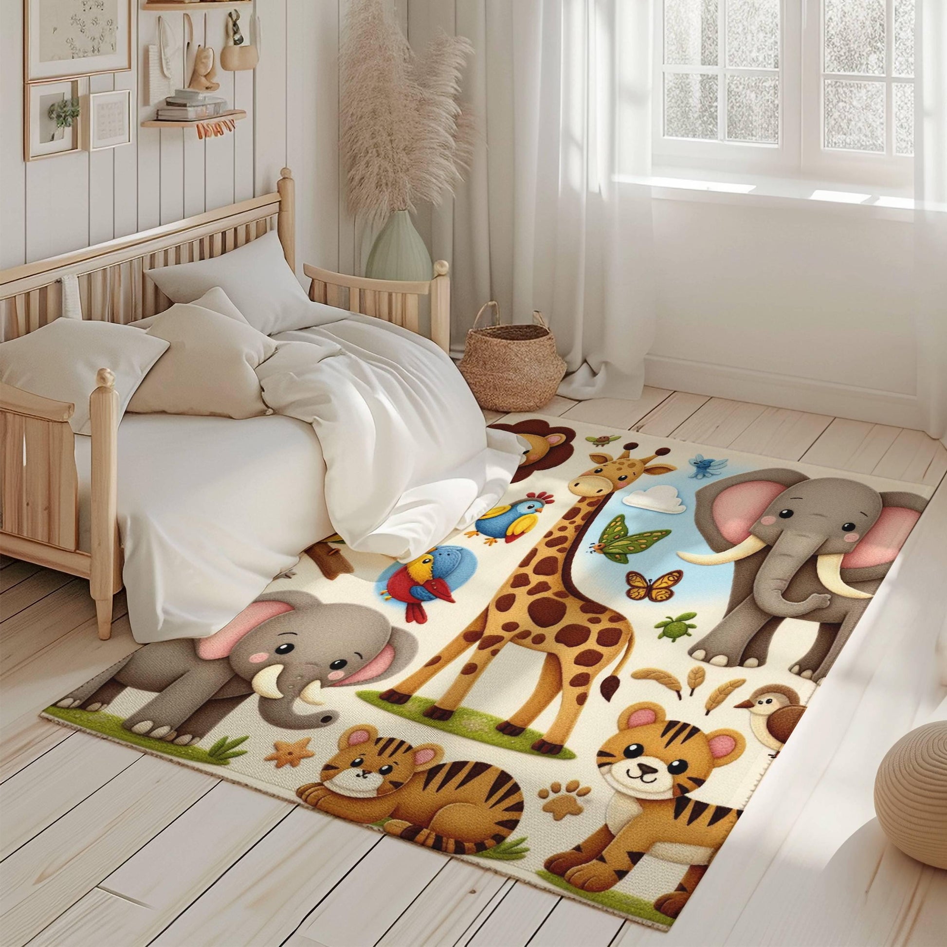 a child&#39;s bedroom with a giraffe and elephant rug