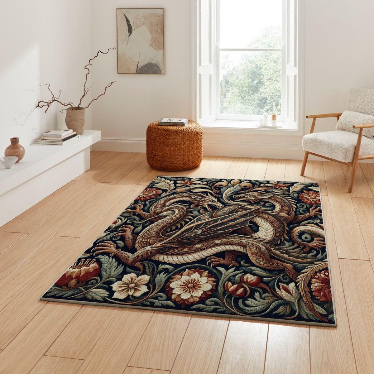 Dragon Rug, Medieval Rug, Fantasy Rug, Floral Rug, Area Rug, Decorative Rug, Living Room Rug, Bedroom Rug, Teenager Room Rug, Gothic Dragon