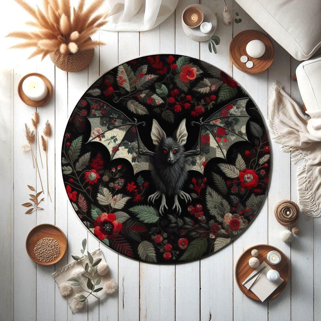 Bat Rug, Gothic Rug, Dark Academia Rug, Halloween Decor, Floral Rug, Gothic Decor, Black Rug, Round Rug, Halloween Rug, Red and Black Rug