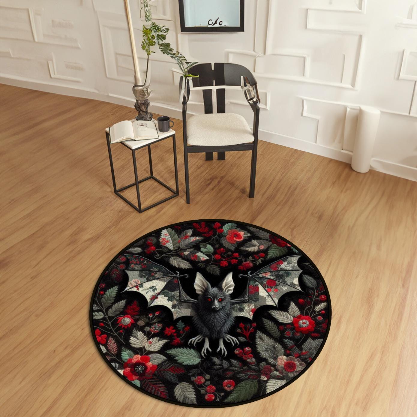 Bat Rug, Gothic Rug, Dark Academia Rug, Halloween Decor, Floral Rug, Gothic Decor, Black Rug, Round Rug, Halloween Rug, Red and Black Rug