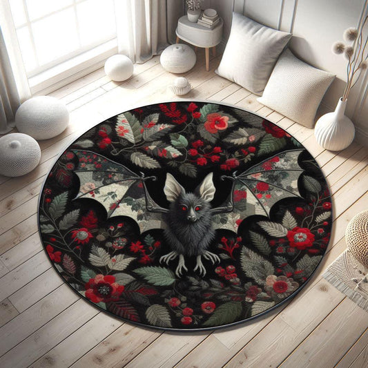 Bat Rug, Gothic Rug, Dark Academia Rug, Halloween Decor, Floral Rug, Gothic Decor, Black Rug, Round Rug, Halloween Rug, Red and Black Rug