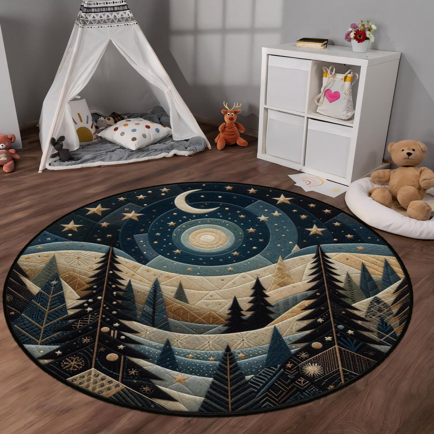 Night Sky Rug, Whimsical Landscape Area Rug with Moon and Stars, Black Celestial Rug, Home Decor, Starry Night Carpet, Living Room Rug