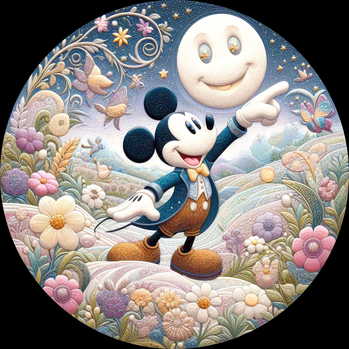 Mickey Mouse Nursery Rug, Disney Round Rug, Nighttime Scene Rug, Floral Design Mickey Rug, Soft Kids Play Mat, Baby Room Decor, Baby Shower