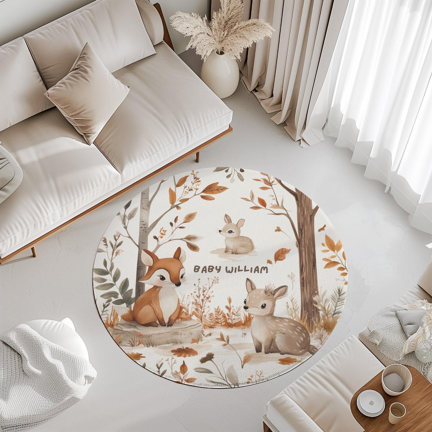 Personalized Woodland Nursery Rug, Custom Name Baby Room Decor, Baby Fox Deer Rabbit Rug, Neutral Baby Gift Carpet, Round Baby Play Mat