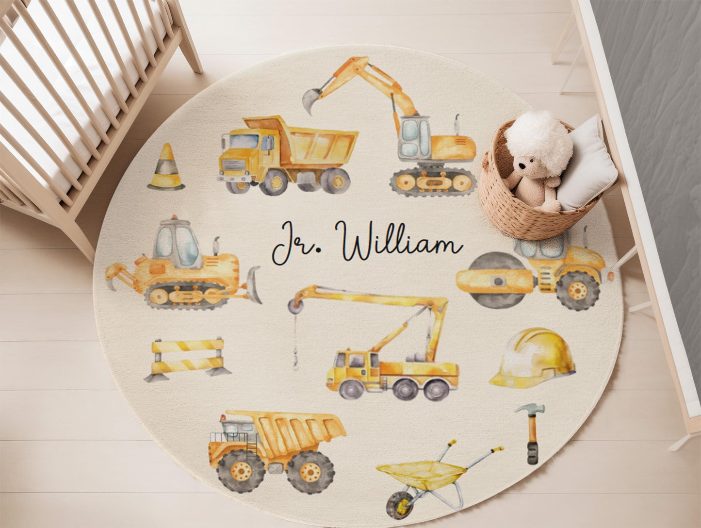 Personalized Construction Truck Rug, Excavator and Trucks Rug, Custom Playroom Rug, Kids Play Rug, Truck Themed Nursery Rug, Gift for Boys