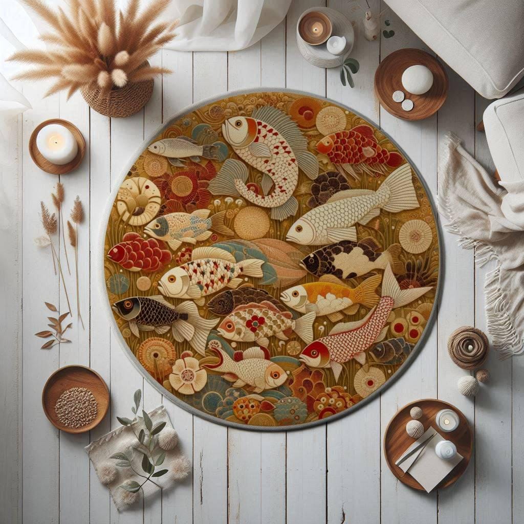 Japanese Round Fish Rug, Koi Fish Rug, Oriental Rug, Gold Fish Rug, Round Fish Rug,  Koi Carp Rug,  Japanese Style Rug, Oriental Carp Carpet