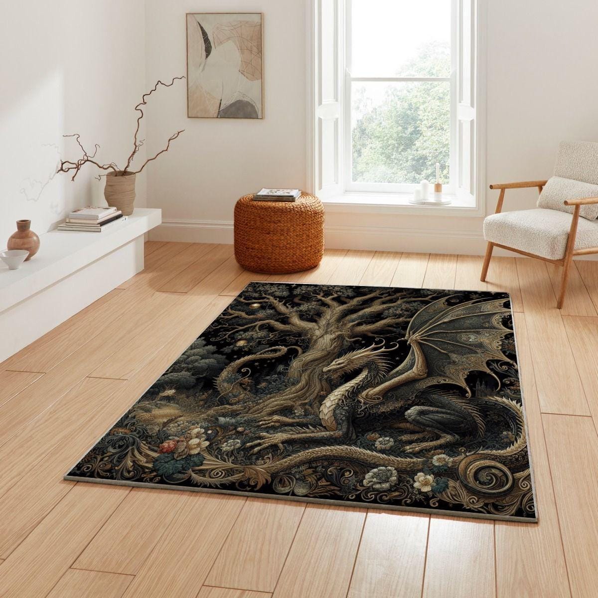 Dragon Rug, Fantasy Rug, Mythical Creature Rug, Area Rug,Tree of Life Rug,Dark Academia Rug,Gothic Book,Fairycore Bedroom Rug,Magical Dragon