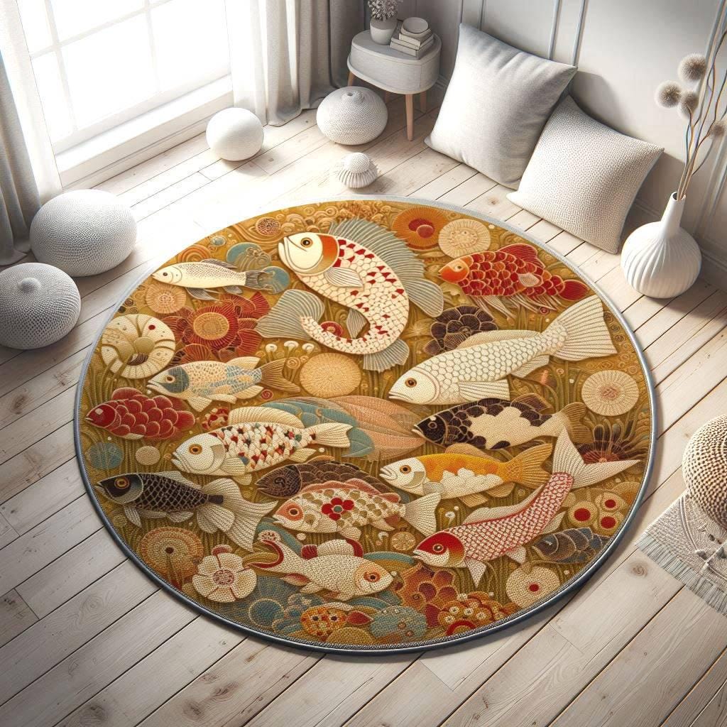 Japanese Round Fish Rug, Koi Fish Rug, Oriental Rug, Gold Fish Rug, Round Fish Rug,  Koi Carp Rug,  Japanese Style Rug, Oriental Carp Carpet