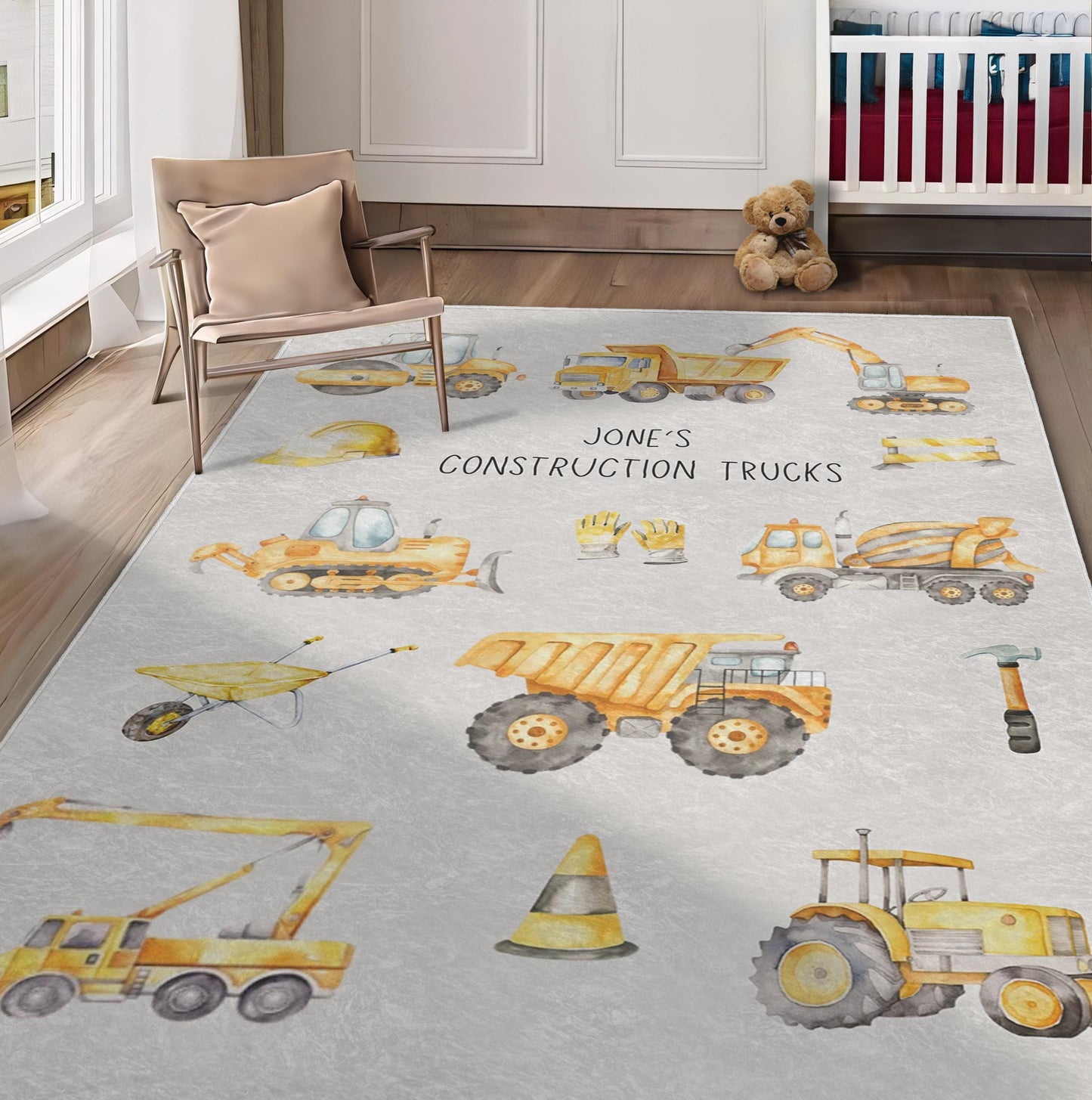 Personalized Construction Truck Rug, Excavator and Trucks Rug, Custom Playroom Rug, Kids Play Rug, Truck Themed Nursery Rug, Gift for Boys