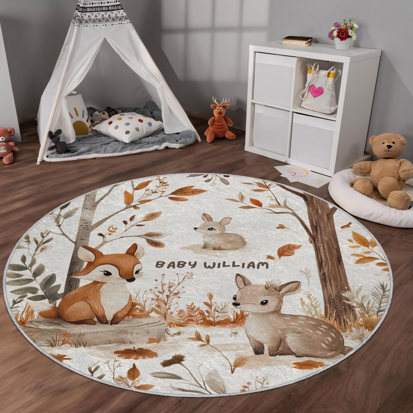 Personalized Woodland Nursery Rug, Custom Name Baby Room Decor, Baby Fox Deer Rabbit Rug, Neutral Baby Gift Carpet, Round Baby Play Mat