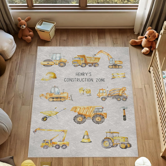 Personalized Construction Truck Rug, Excavator and Trucks Rug, Custom Playroom Rug, Kids Play Rug, Truck Themed Nursery Rug, Gift for Boys