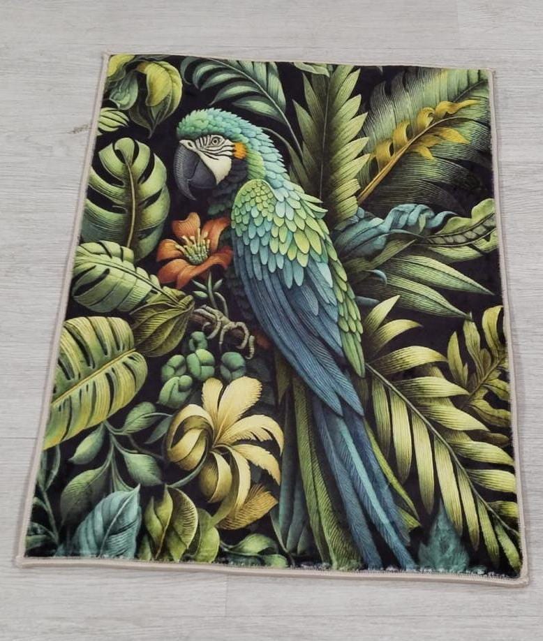 Exotic Floral Green Leaves Rug, Parrot Rug, Tropical Botanical Rug, William Morris Style Carpet,  Green Area Rug, Exotic Parrot Rug