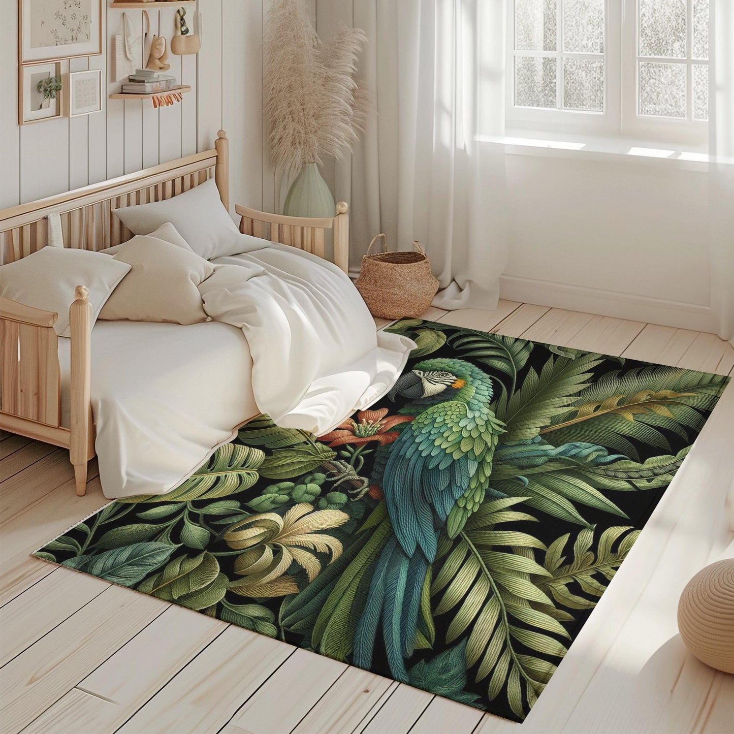 Exotic Floral Green Leaves Rug, Parrot Rug, Tropical Botanical Rug, William Morris Style Carpet,  Green Area Rug, Exotic Parrot Rug