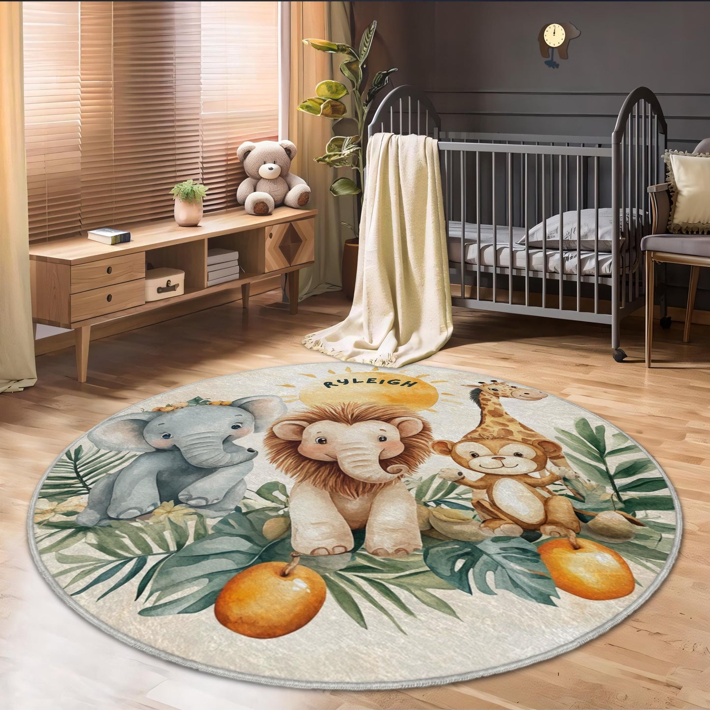 Personalized Baby Room Rug, Custom Name Baby Playmat, Safari Animals Nursery Rug, Elephant Lion Giraffe Rug, Baby Shower Gift,Playroom Decor