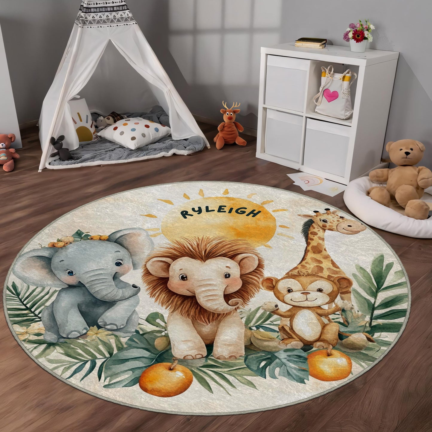 Personalized Baby Room Rug, Custom Name Baby Playmat, Safari Animals Nursery Rug, Elephant Lion Giraffe Rug, Baby Shower Gift,Playroom Decor