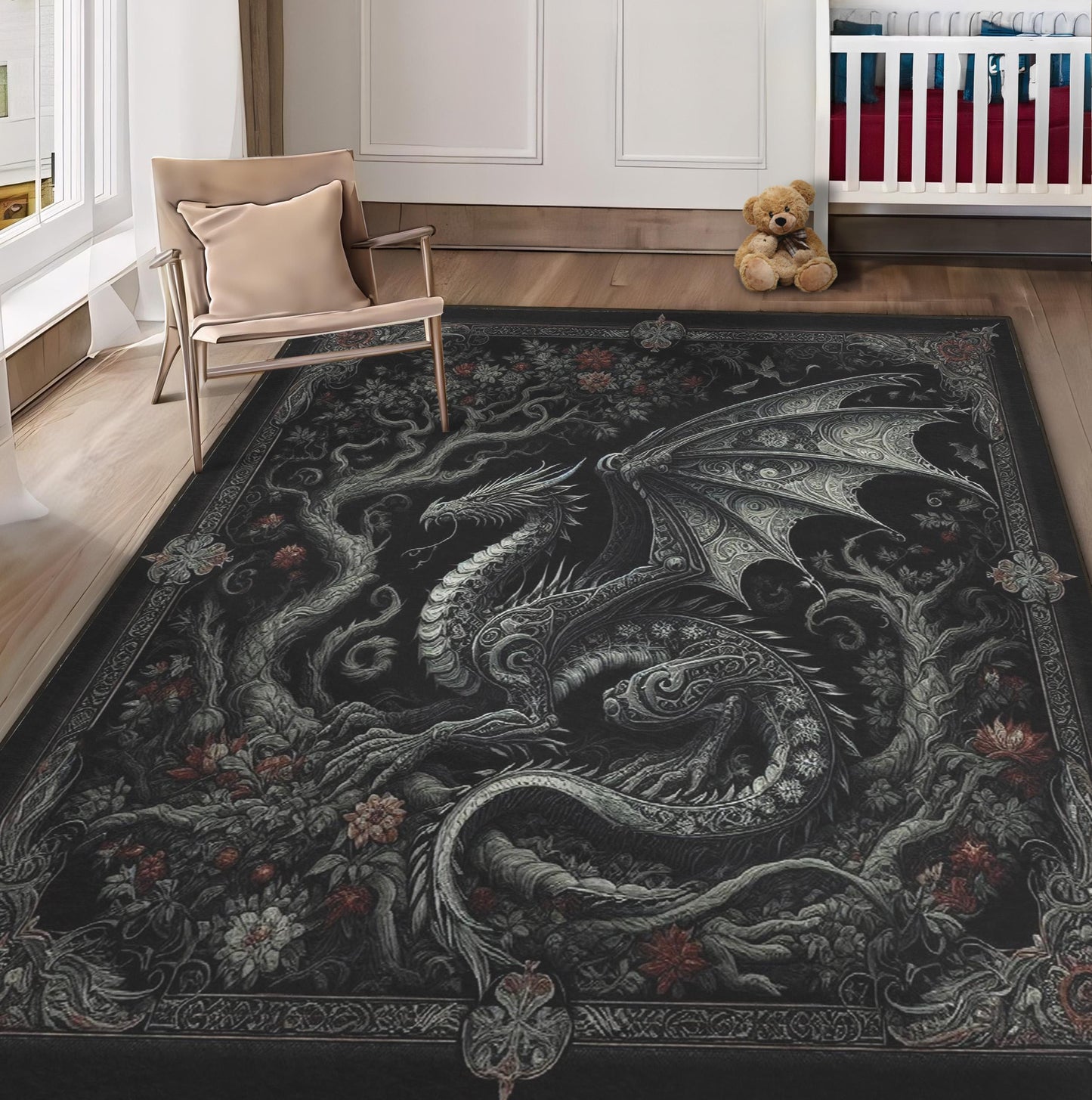 Gothic Rug, Dragon Rug, Fantasy Carpet, Dark Academia Decor, Mythical Creature Rug, Black Rug, Living Room Rug, Bedroom Rug, Dragon Carpet