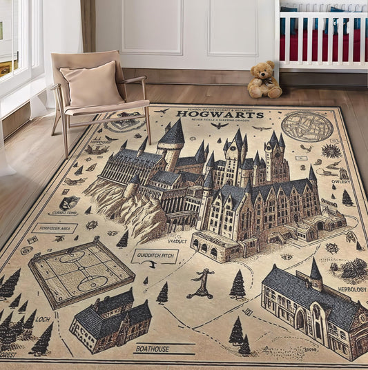 School for Wizarding Rug, Witchcraft Rug, Wizardry Rug, Fantasy Map of Wizarding School Rug, Potter Fans Rug, Kids Room Decor, Youth Rug