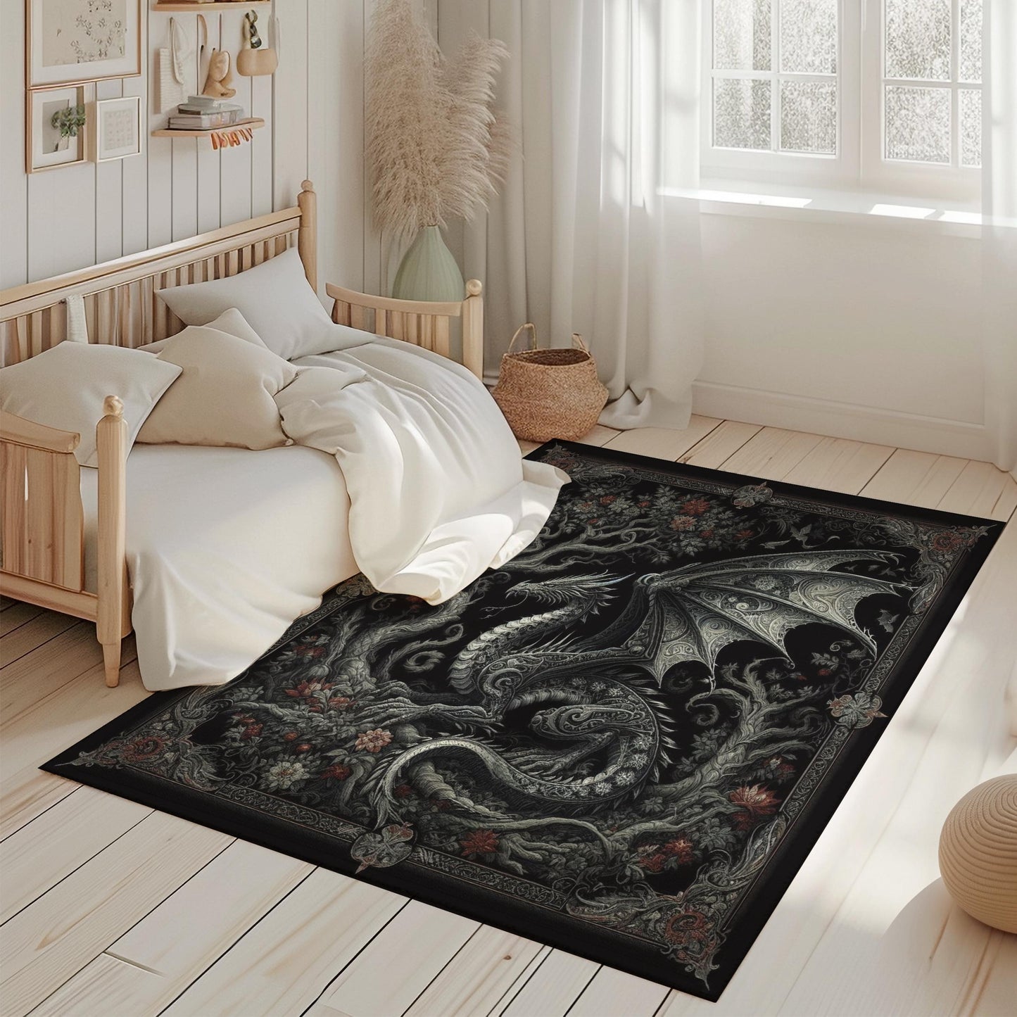 Gothic Rug, Dragon Rug, Fantasy Carpet, Dark Academia Decor, Mythical Creature Rug, Black Rug, Living Room Rug, Bedroom Rug, Dragon Carpet