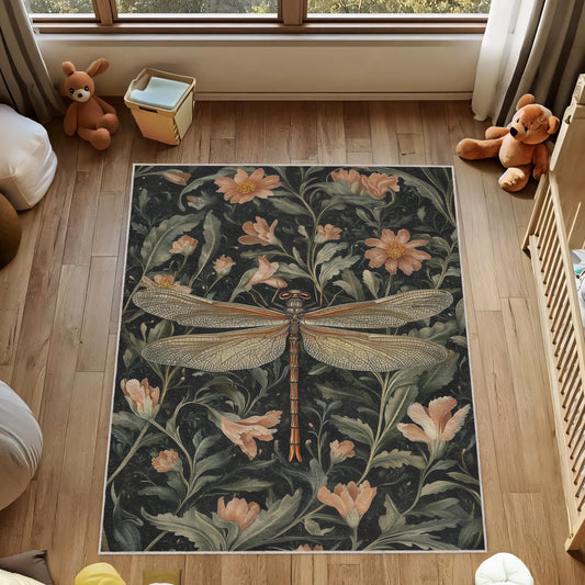 Dragonfly Rug, Vintage Botanical Rug, Floral Area Rug, Nature Inspired Carpet, Dragonfly Decor, Living Room Rug, Bedroom Rug,Cottagecore Rug