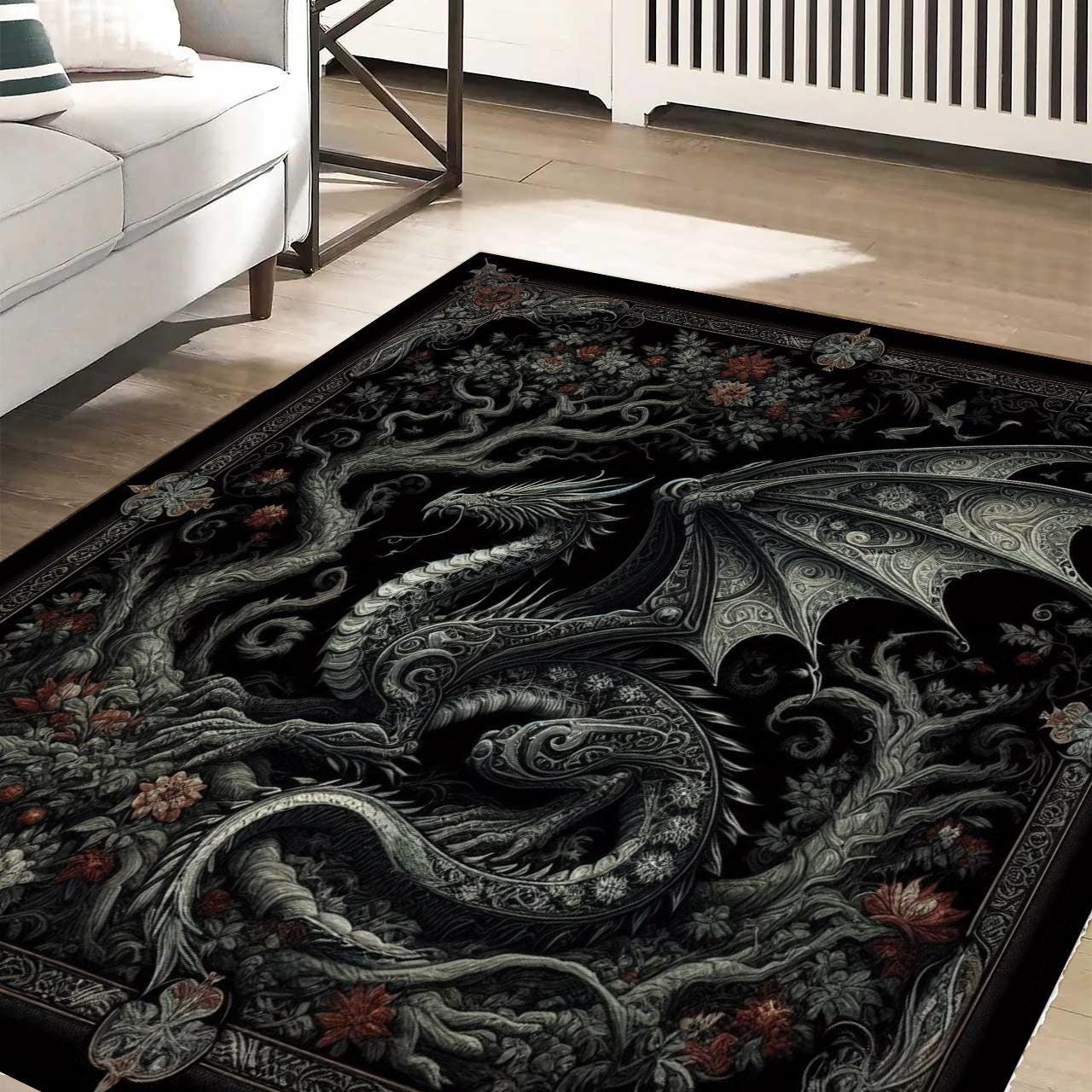 Gothic Rug, Dragon Rug, Fantasy Carpet, Dark Academia Decor, Mythical Creature Rug, Black Rug, Living Room Rug, Bedroom Rug, Dragon Carpet