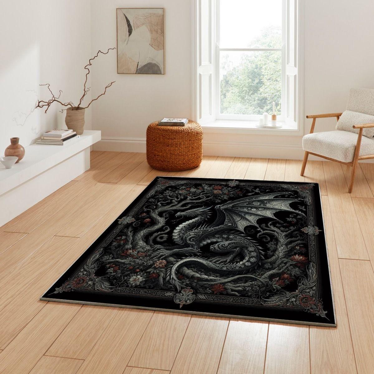 Gothic Rug, Dragon Rug, Fantasy Carpet, Dark Academia Decor, Mythical Creature Rug, Black Rug, Living Room Rug, Bedroom Rug, Dragon Carpet