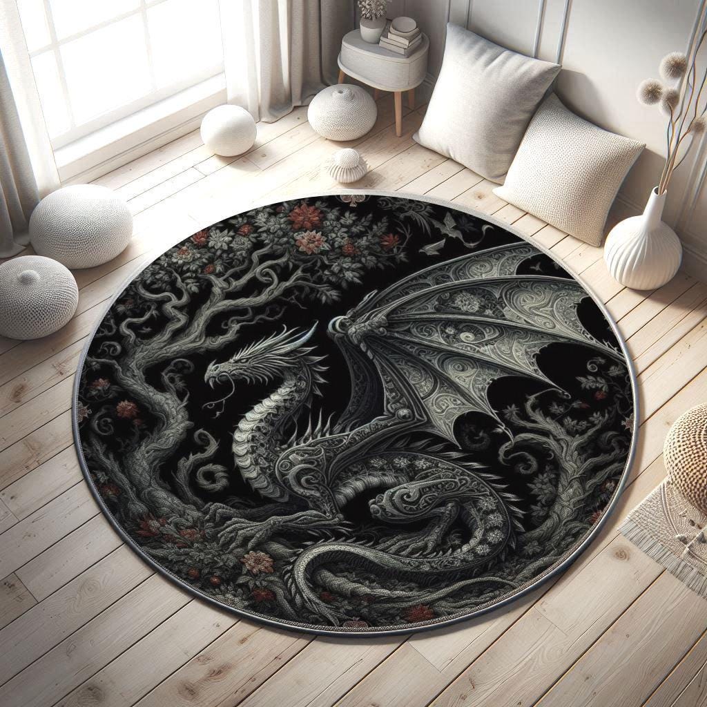 Gothic Rug, Dragon Rug, Fantasy Carpet, Dark Academia Decor, Mythical Creature Rug, Black Rug, Living Room Rug, Bedroom Rug, Dragon Carpet