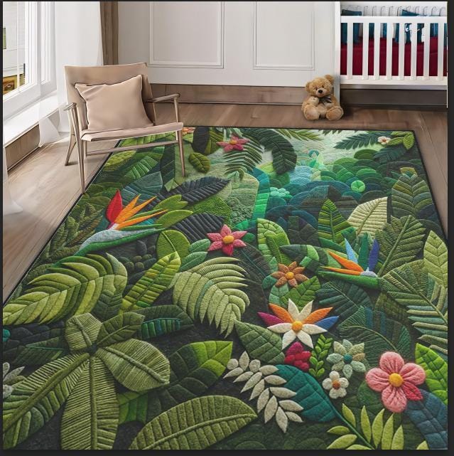 Monstera Rug - Tropical Area Rug, Green Exotic Vibes Carpet, Palm Leaf Design Mat - Child's Paradise Rug, Kids Room Rug, Living Room Rug