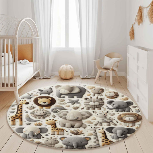 Safari Animals Nursery Rug, Round Rug, Baby Room Decor, Cute Animal Rug, Playful Lions Rug, Elephants & Giraffes Rug,Kids Room Rug Floor Mat