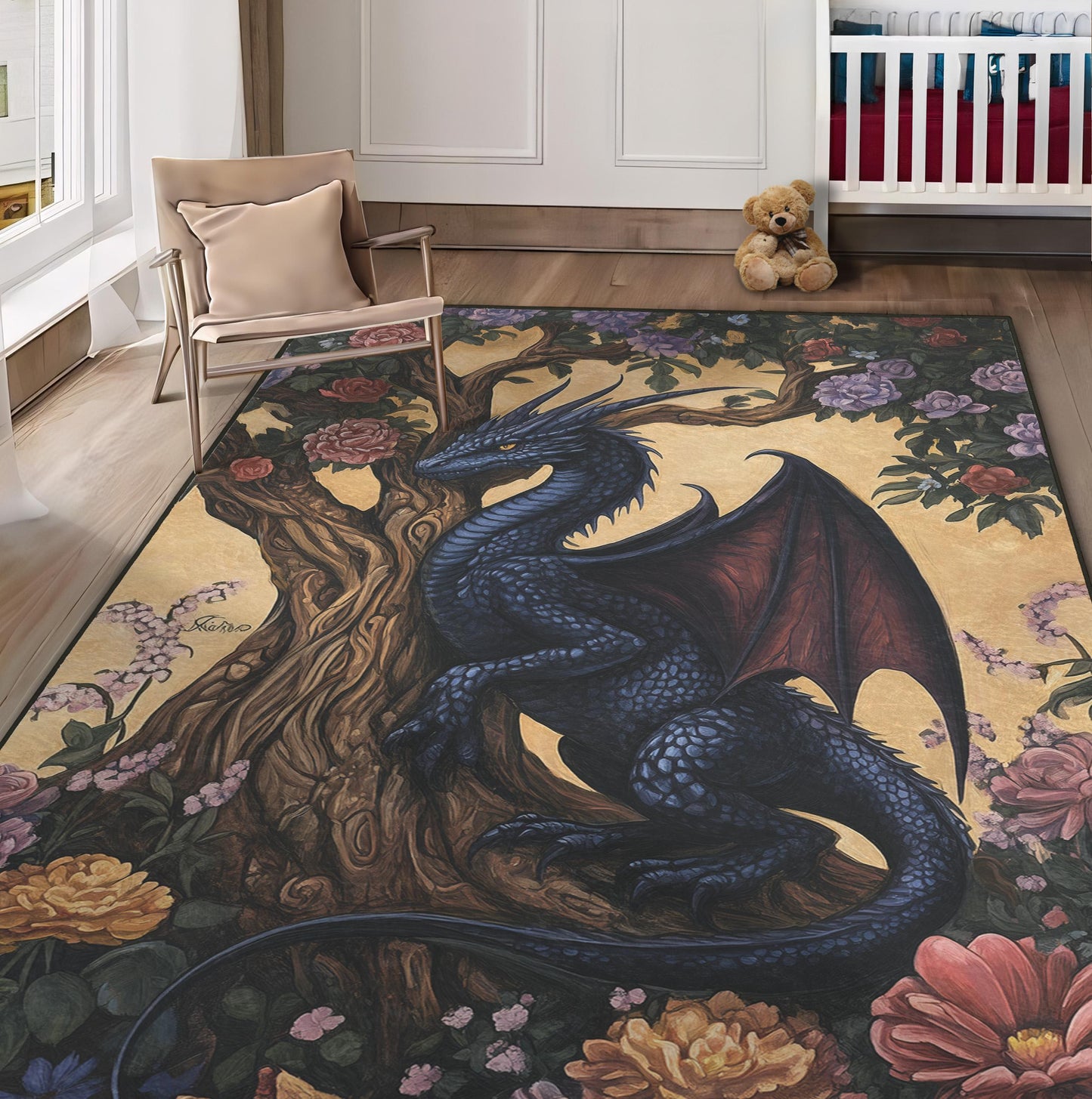 Gothic Dragon Rug | Dark Academia Decor | Fantasy Rug | Dragon and Flowers Area Rug | Gothic Home Decor | Dragon Tree of Life Rug