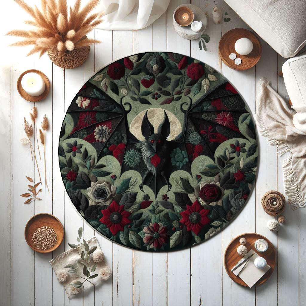 Gothic Bat Rug with Red and Green Floral Botanical Design, Gothic Rug for Home Decor, Gothic Themed Carpet, Living Room Rug, Round Goth Rug