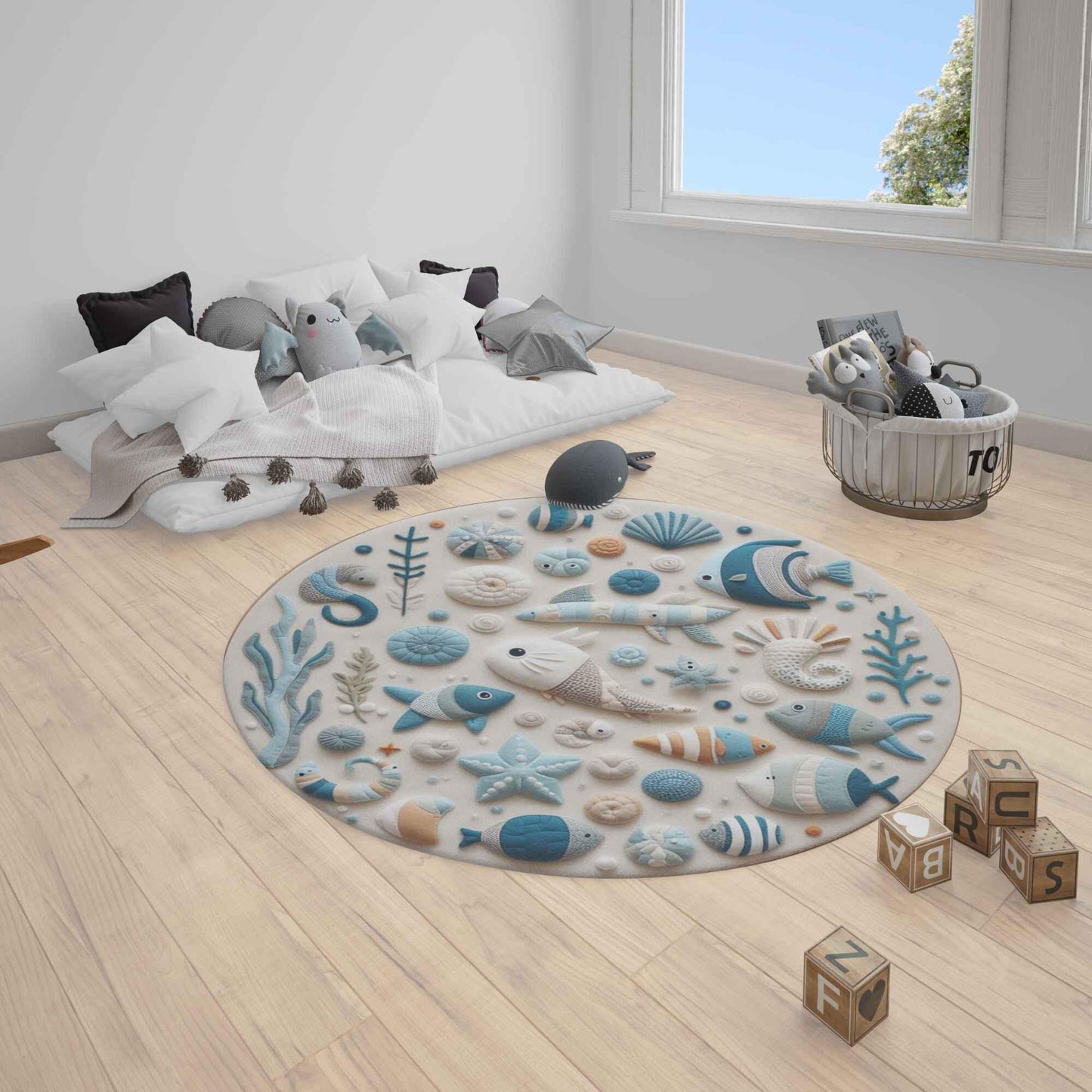 Nautical Rug for Kids Room, Sea Animals Nursery Rug, Ocean Play Rug, Marine Area Rug, Baby Room Decor, Underwater Blue Rug for Kids Playroom