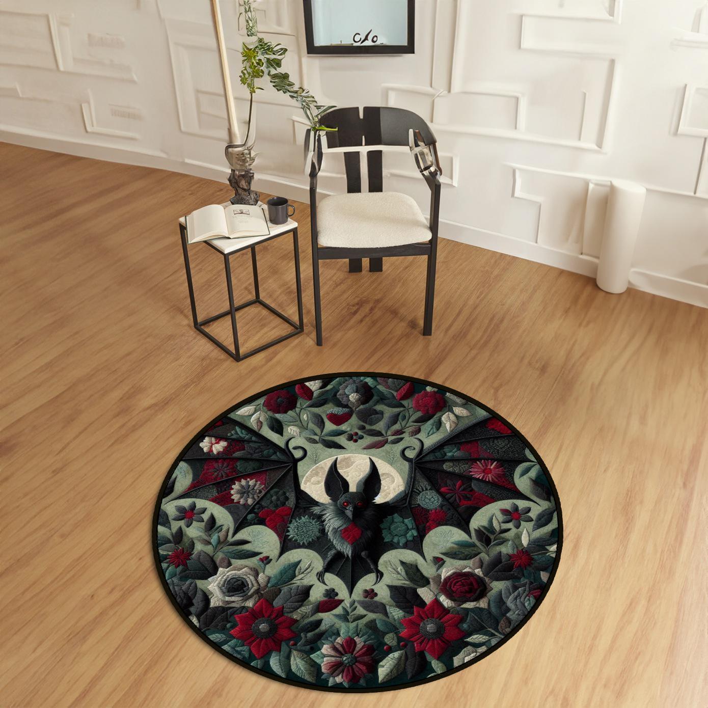 Gothic Bat Rug with Red and Green Floral Botanical Design, Gothic Rug for Home Decor, Gothic Themed Carpet, Living Room Rug, Round Goth Rug