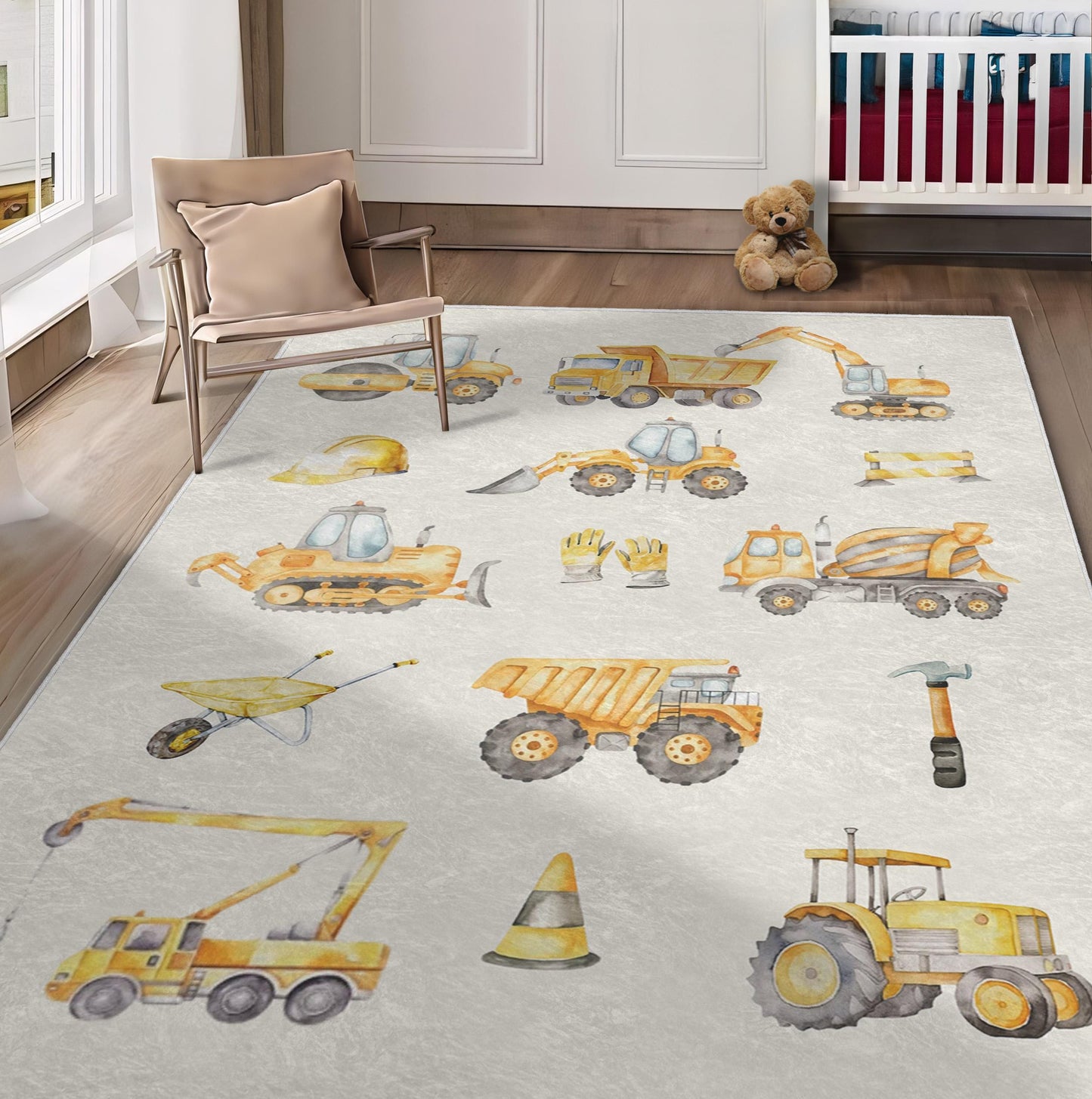 Construction Site Rug for Kids Room, Excavator Rug with Trucks, Playroom Decor Rug, Kids Construction Play Rug, Truck Themed Nursery Rug