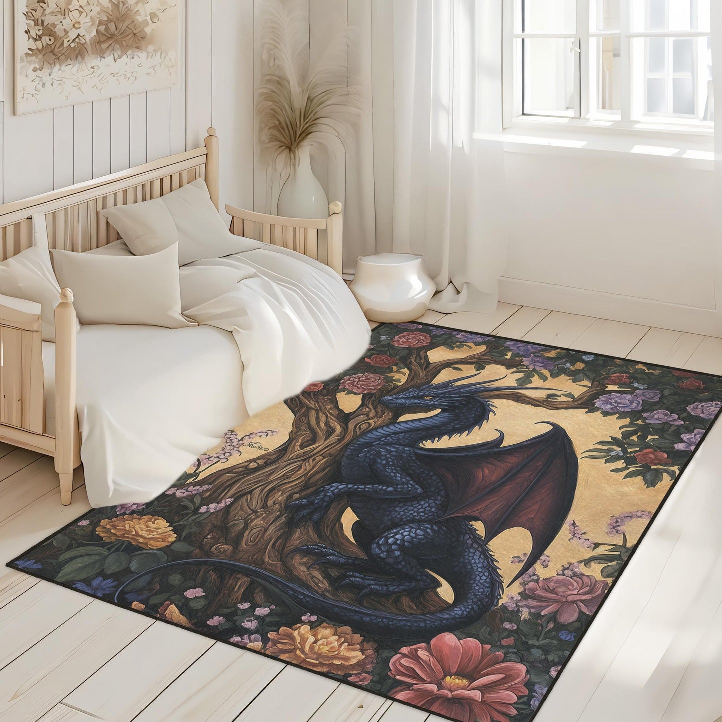 Gothic Dragon Rug | Dark Academia Decor | Fantasy Rug | Dragon and Flowers Area Rug | Gothic Home Decor | Dragon Tree of Life Rug