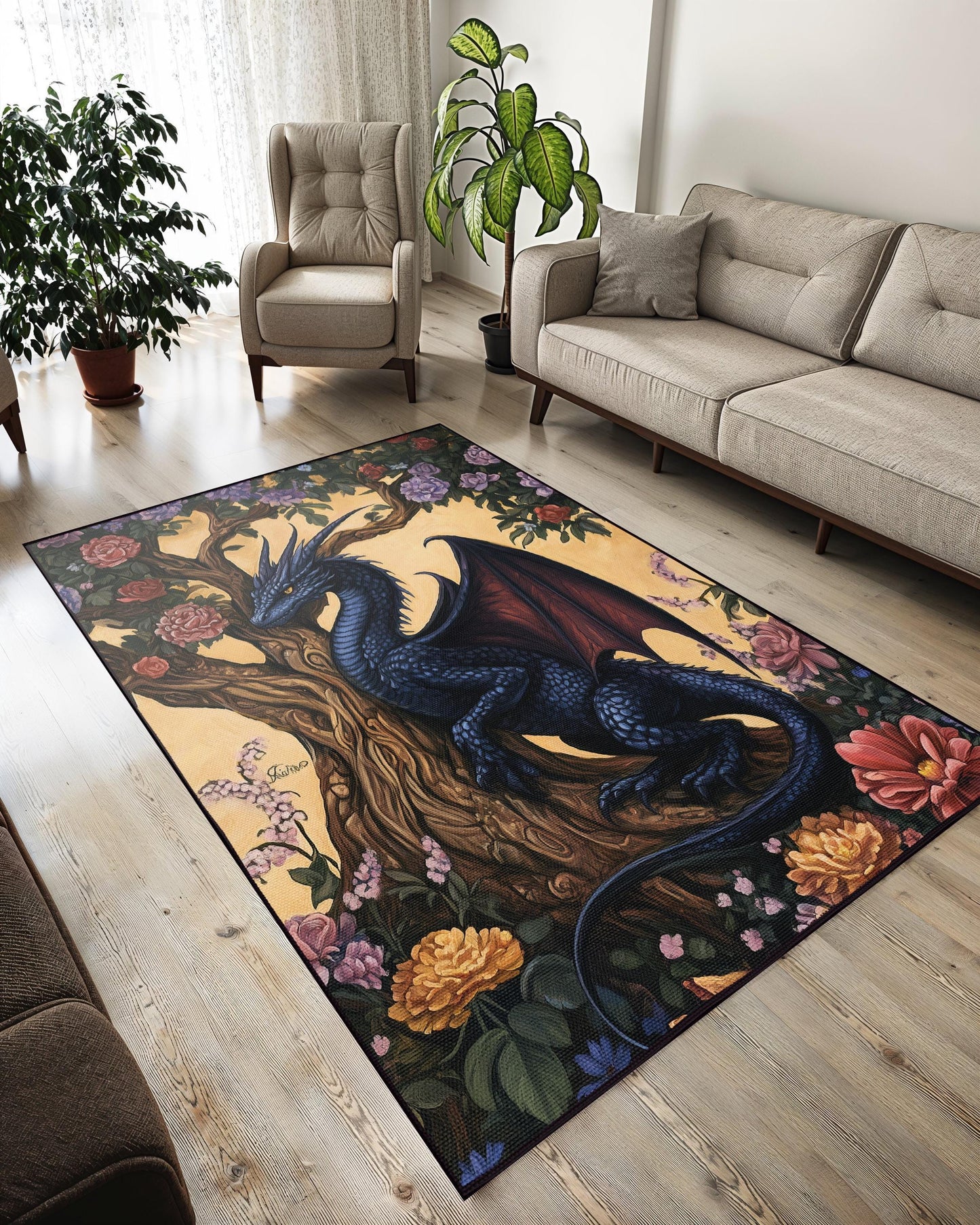 Gothic Dragon Rug | Dark Academia Decor | Fantasy Rug | Dragon and Flowers Area Rug | Gothic Home Decor | Dragon Tree of Life Rug