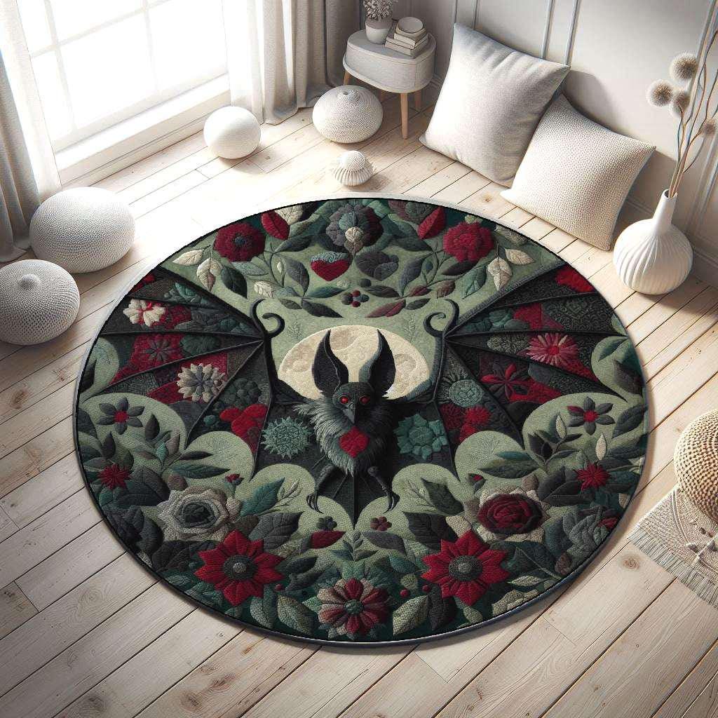 Gothic Bat Rug with Red and Green Floral Botanical Design, Gothic Rug for Home Decor, Gothic Themed Carpet, Living Room Rug, Round Goth Rug