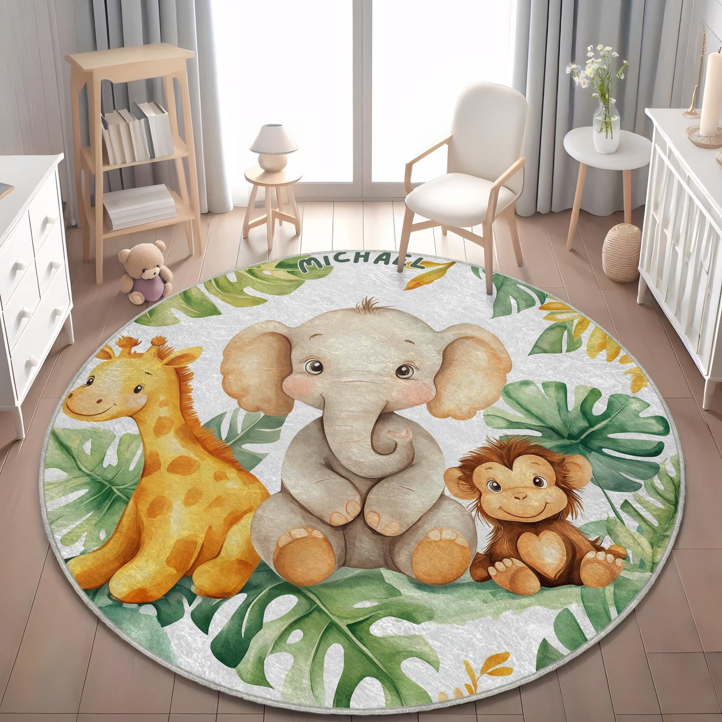 Personalized Kids Safari Round Rug, Custom Name Jungle Play Mat, Cute Animals Carpet for Kids, Nursery Room Decor, Baby Shower Gift Rug