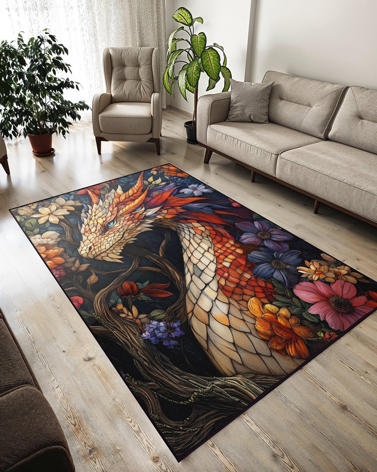 Dragon Area Rug, Floral Dragon Rug, Living Room Rug, Youth Rug, Fantasy Decor,  Red Dragon, Nature Inspired Rug, Gothic Rug, Gift for Teen