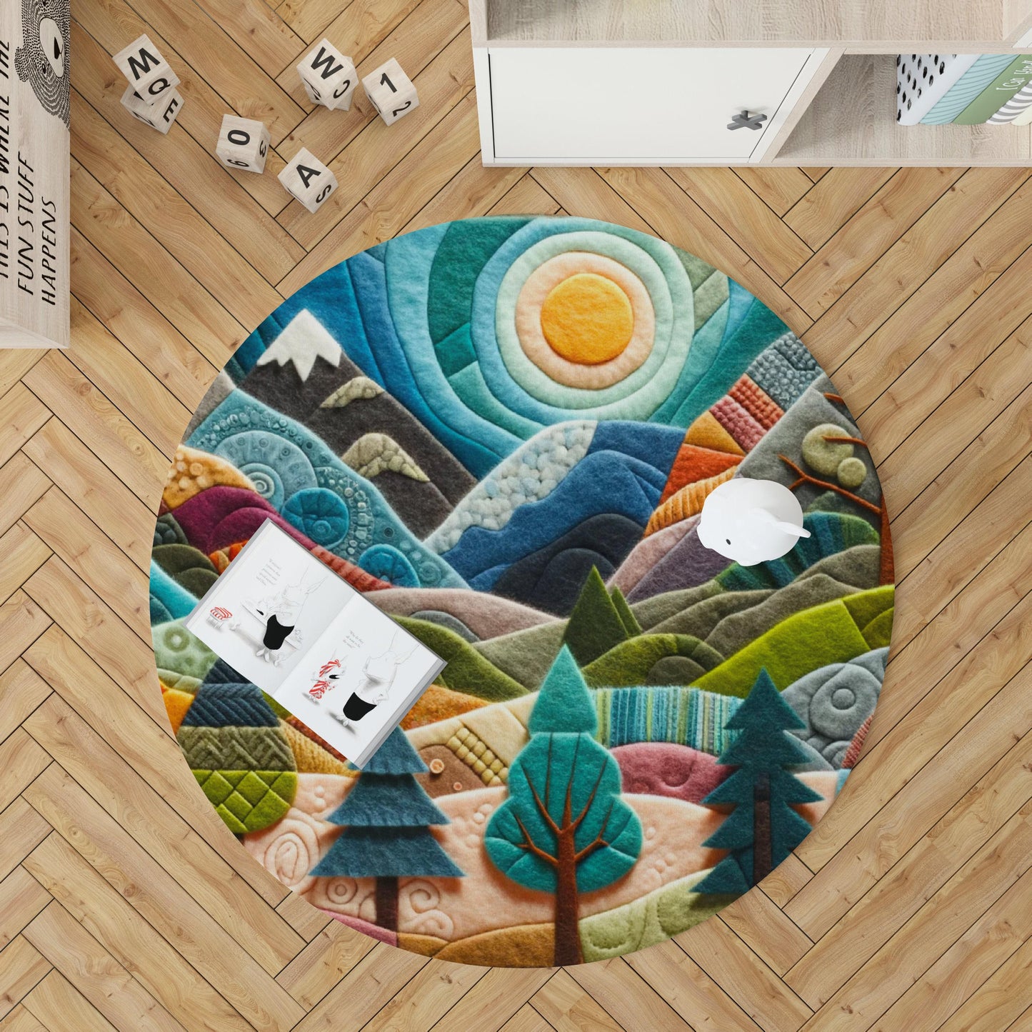 Mountain Ranges Rug, Nature Pattern Kids Nonslip Area Rug, Tree Boy Girl Rug, Playmat for Kids, Daycare Mats, Mountain Sunshine Rug