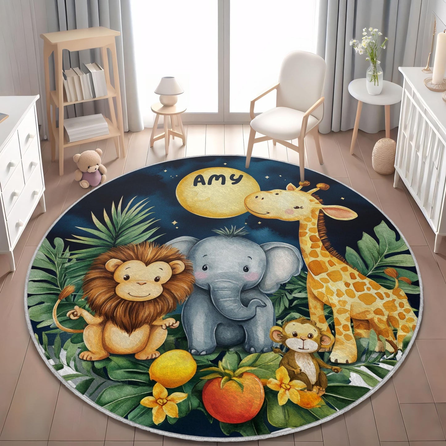 Custom Name Nursery Rug, Baby Jungle Playmat, Baby Animals Carpet, Baby Room Decor, Gift for Kids, Baby Shower Rug, Newborn Gift Rug