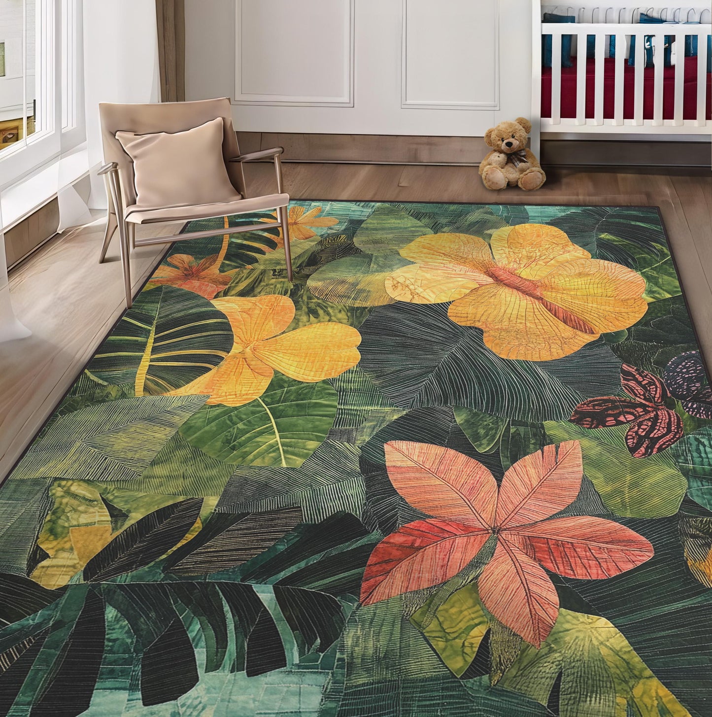 Exotic Floral Rug, Tropical Leaves Carpet, Green Botanical Area Rug, Modern Art Rug, Green Tones Rug, Flowers Colorful Rug, living room rug