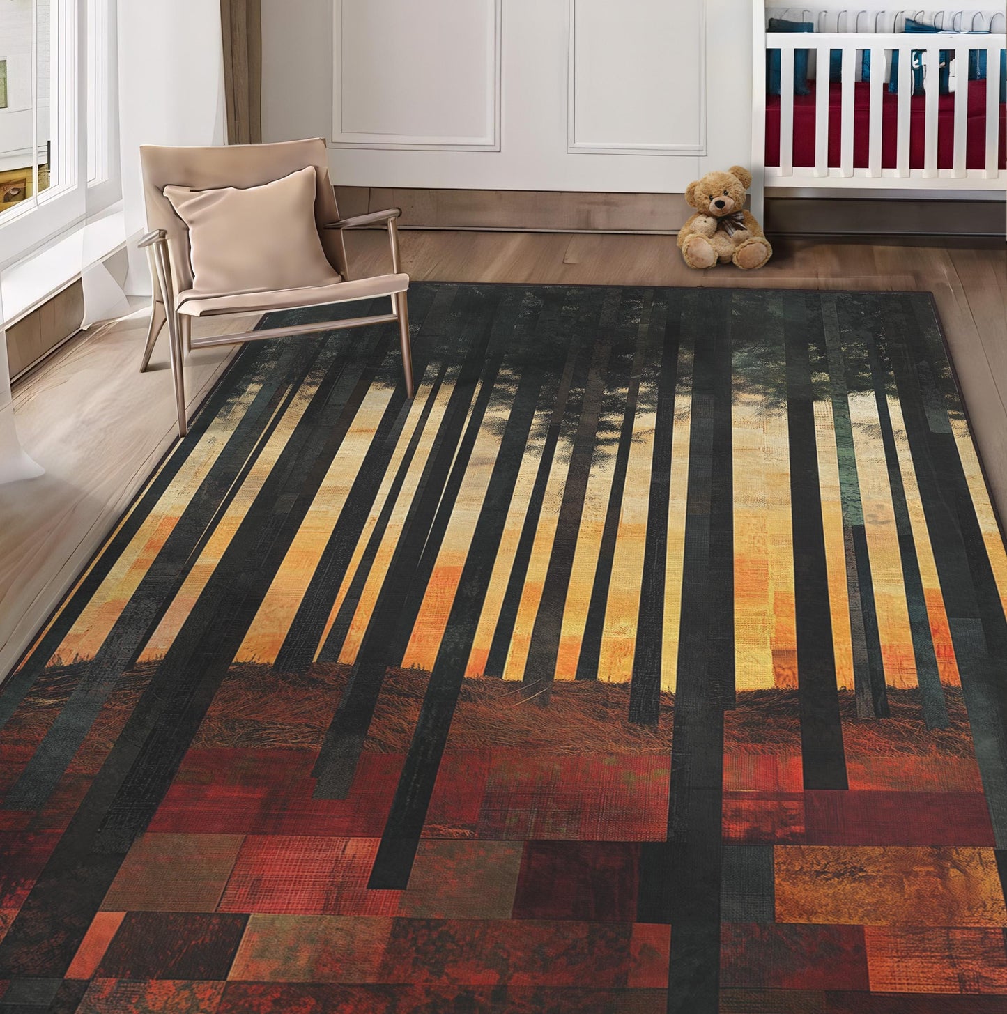 Enchanted Forest Rug, Woodland Long Trees Carpet, Trees Rug, Landscape Floor Decor, Sunset Forest Rug, Woodland Nursery rug, Living room Rug