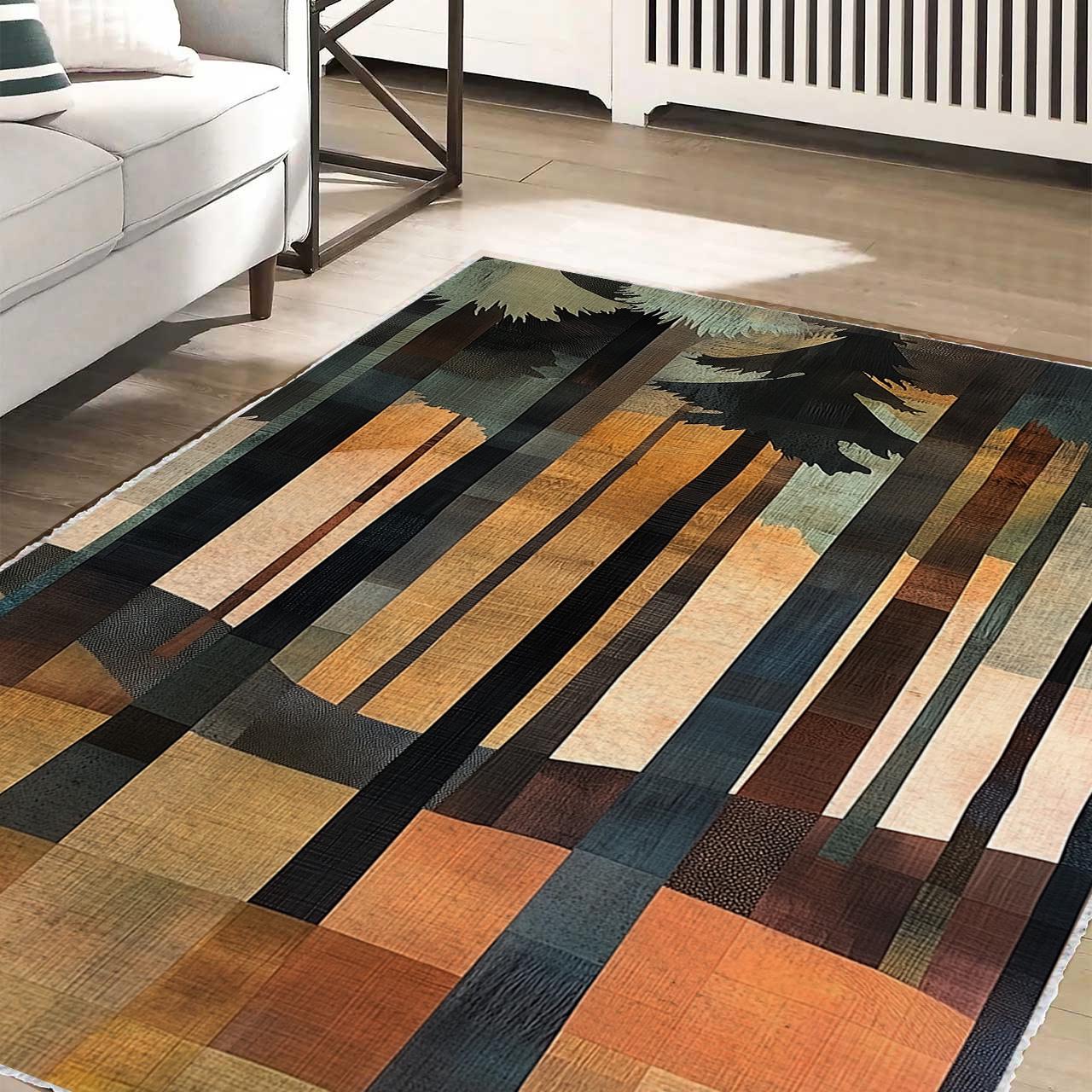 Forest Rug, Woodland Carpet, Tree Silhouette Area Rug, Patchwork Woodland Rug, Landscape Floor Decor, Modern Cabin Rug, Jungle Carpet