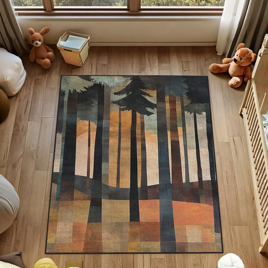 Forest Rug, Woodland Carpet, Tree Silhouette Area Rug, Patchwork Woodland Rug, Landscape Floor Decor, Modern Cabin Rug, Jungle Carpet