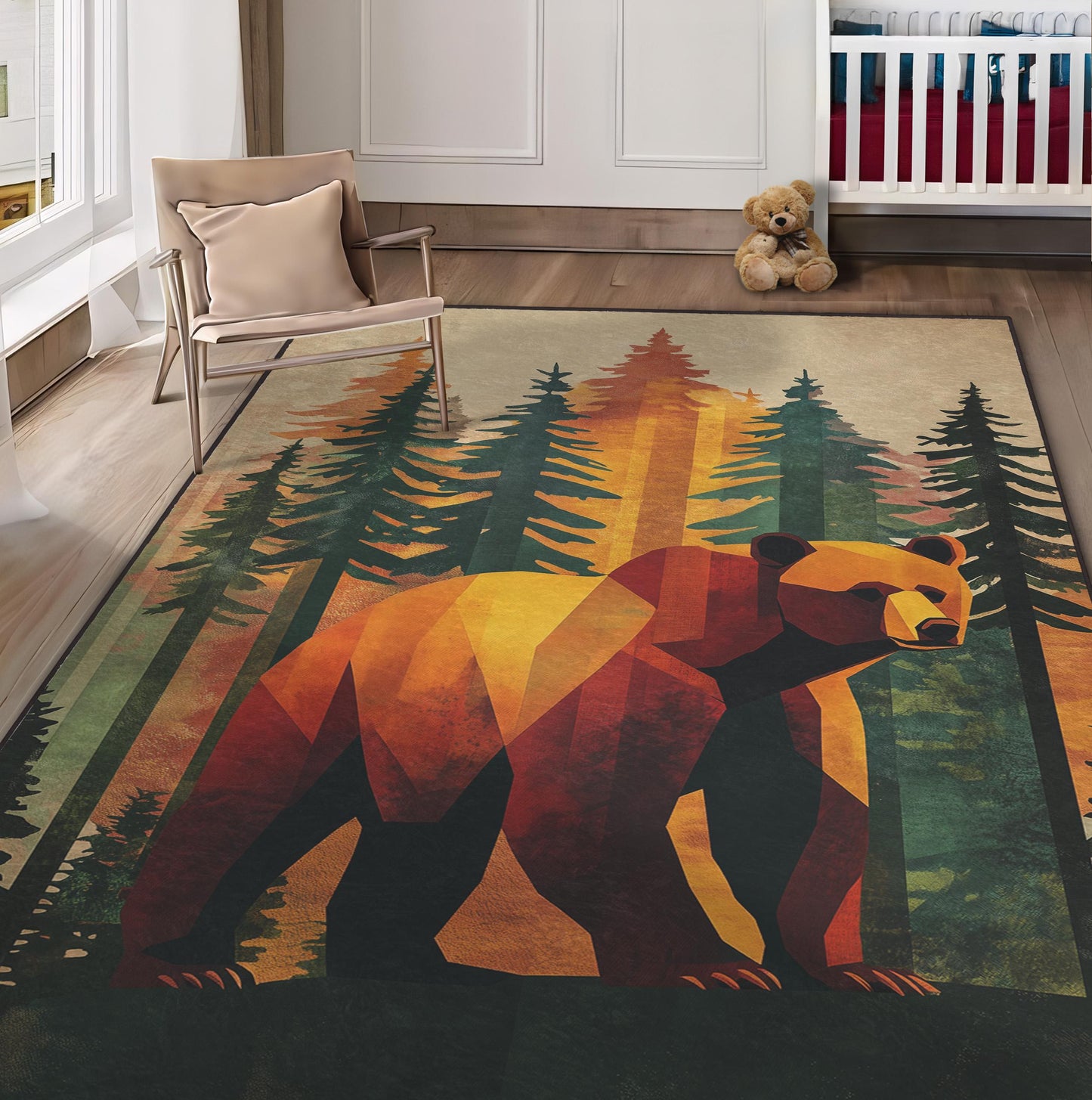 Bear Rug, Woodland Bear Carpet, Geometric Bear Area Rug, Forest Animal Floor Decor, Modern Cabin Decor, Woodland Bear Rug, Woodland Rug