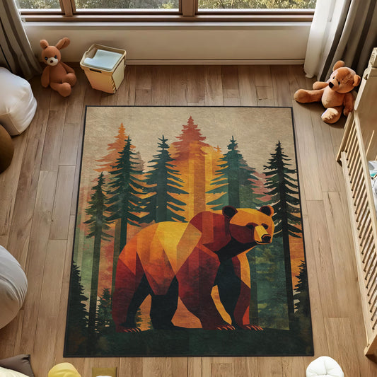 Bear Rug, Woodland Bear Carpet, Geometric Bear Area Rug, Forest Animal Floor Decor, Modern Cabin Decor, Woodland Bear Rug, Woodland Rug