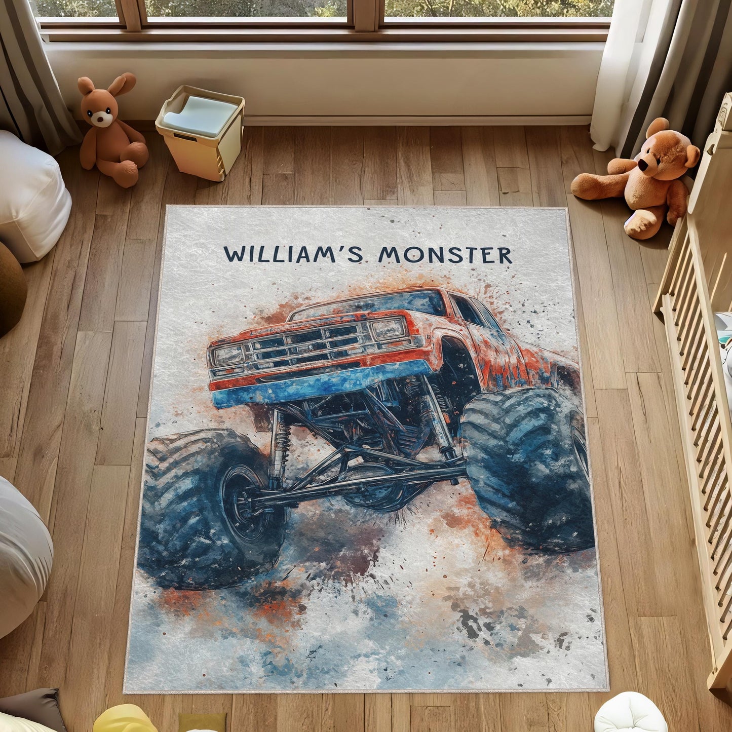 Personalized Kids Monster Truck Rug, Custom Name Kids Room Decor, Boys Room Rug, Truck Rug, Toddler Playroom Rug, Gift for Boys, Monster Rug