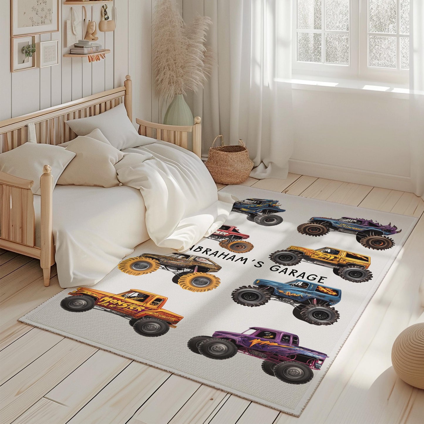 Personalized Monster Truck Garage Rug, Custom Kids Room Rug, Boy Nursery Play Mat, Monster Jam Rug, Children's Name Rug, Gift for Boys