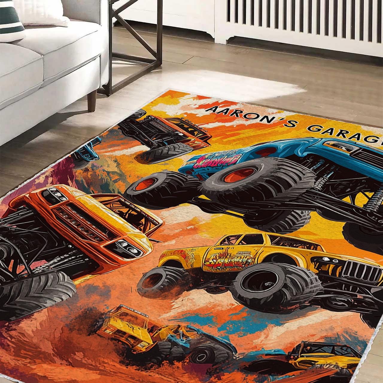 Monster Truck Garage Rug, Custom Kids Room Rug, Kid's Garage Mat, Boy Nursery Rug, Monster Jam Style, Gift for Boys, Play Room Mat